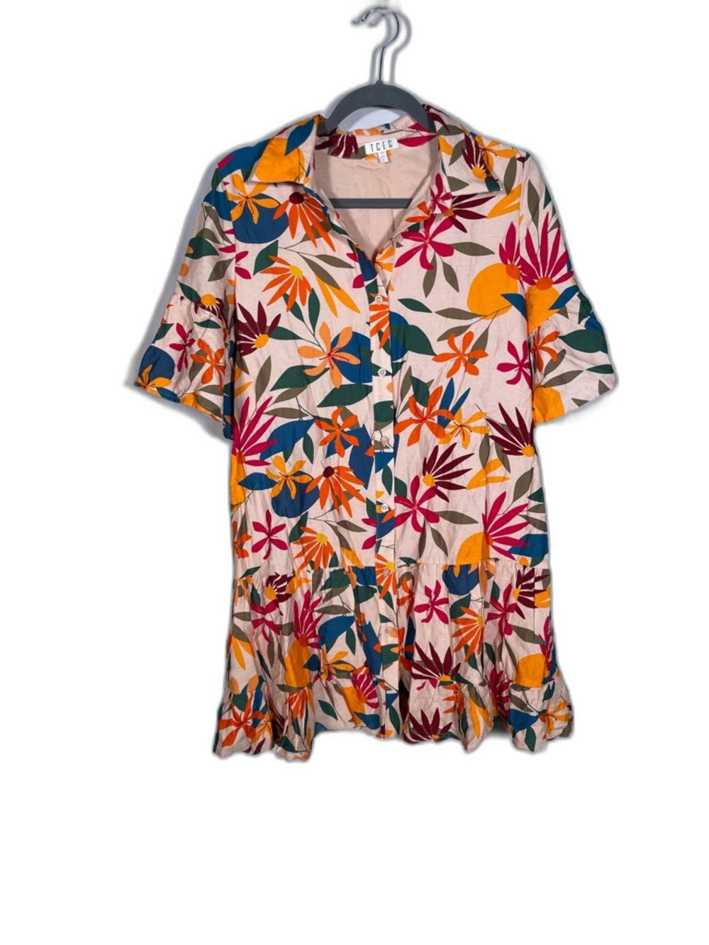 TCEC WOMENS BOUTIQUE FLORAL TROPICAL BUTTON DOWN MINI DRESS LARGE PINK ORANGE